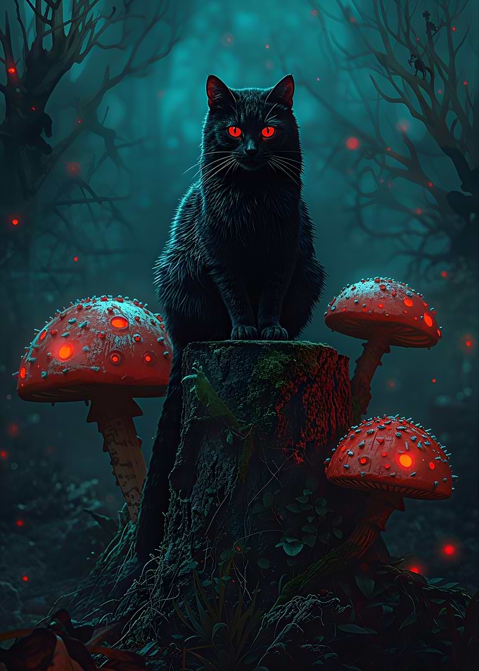 Black Cat on Glowing Mushroom Stump