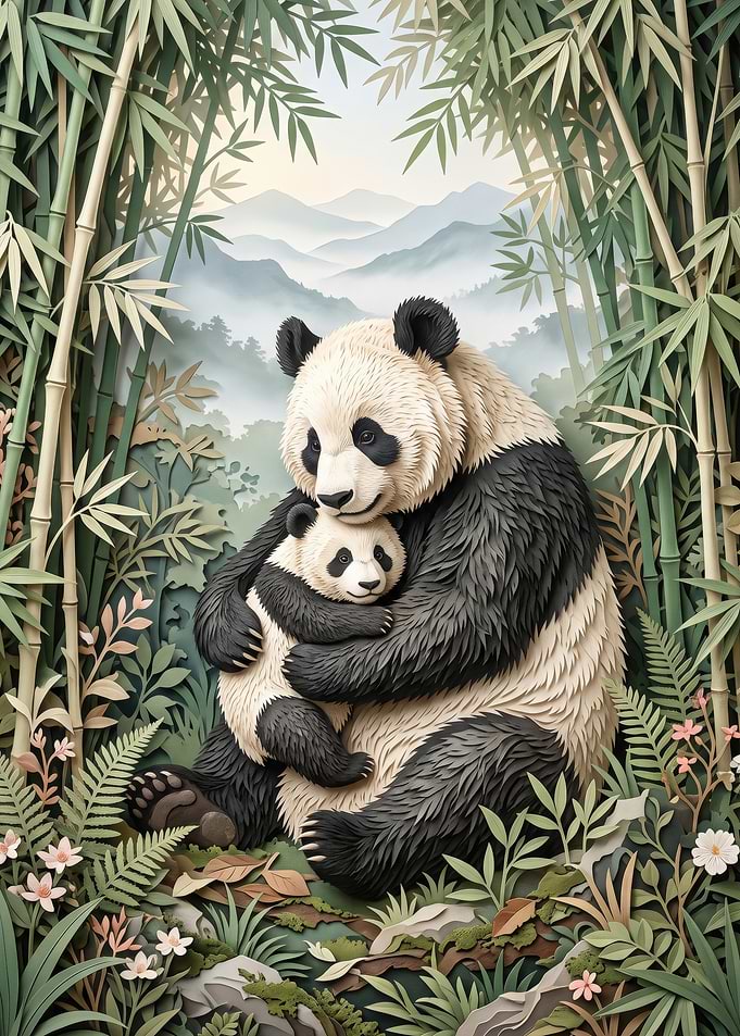 Mother Panda Hugging Her Cub