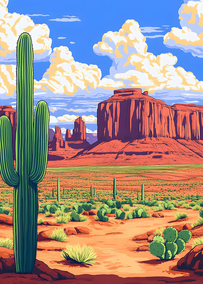 Vibrant Saguaro Desert Landscape Illustration