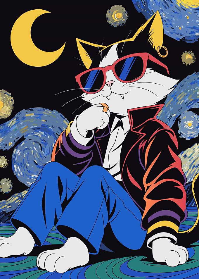 Cool Cat in Starry Night Style