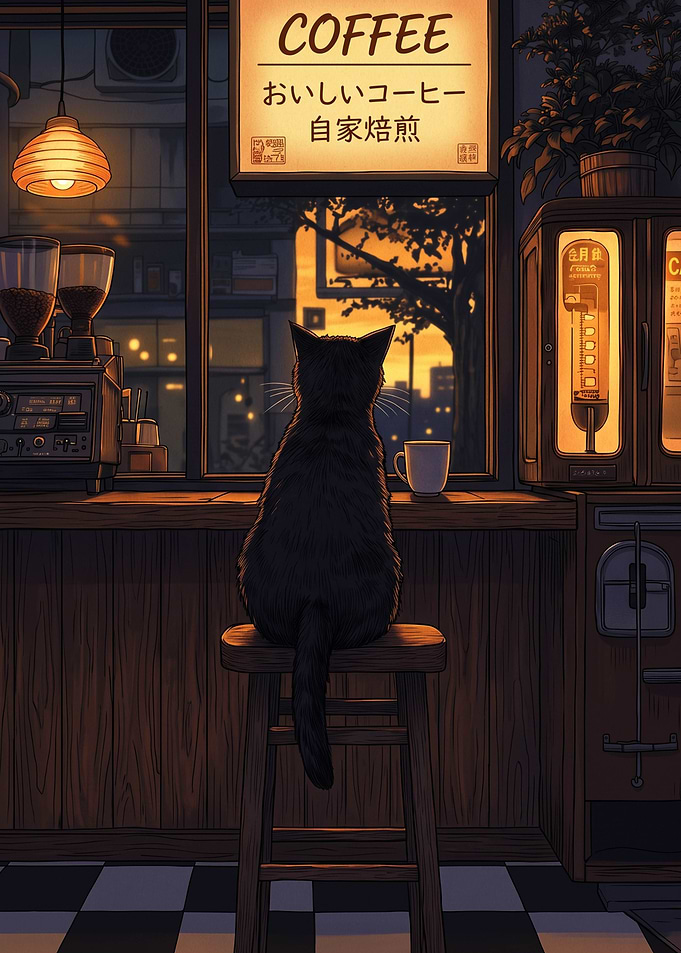 Black Cat Sitting in Coffee Shop