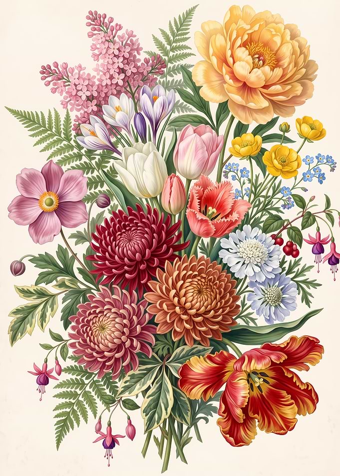 Vibrant Botanical Floral Bouquet Illustration