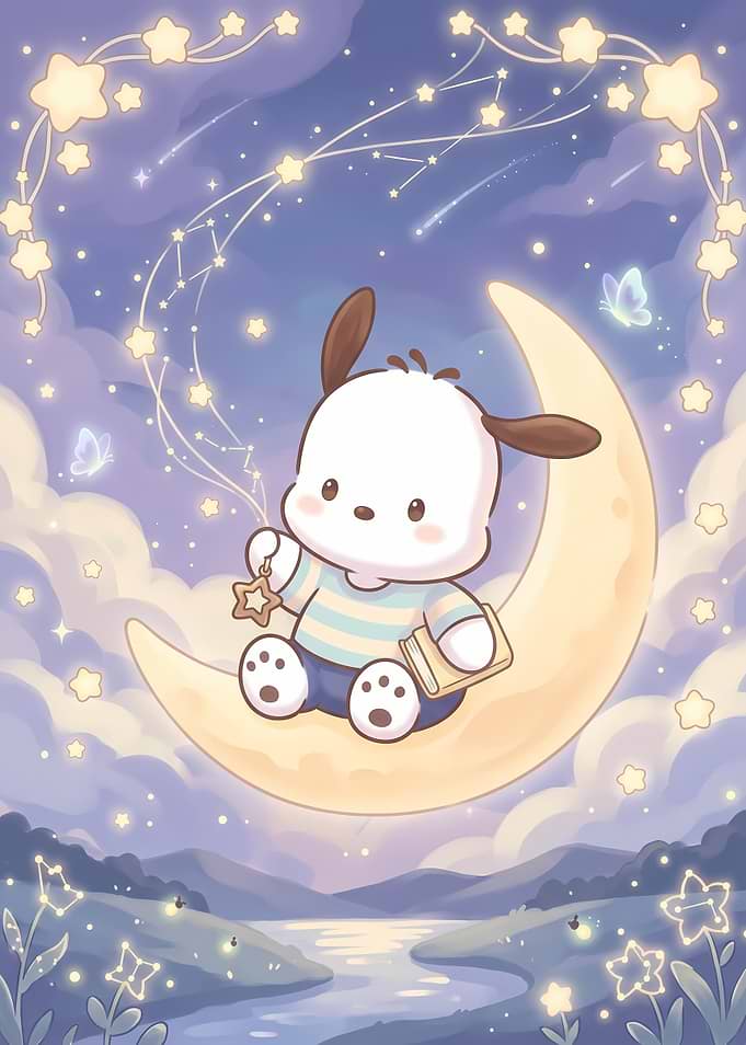 Pochacco Sitting on a Crescent Moon