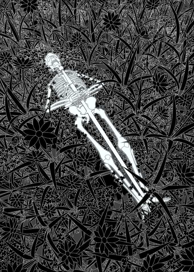 Glowing Skeleton Resting in Dark Flowers