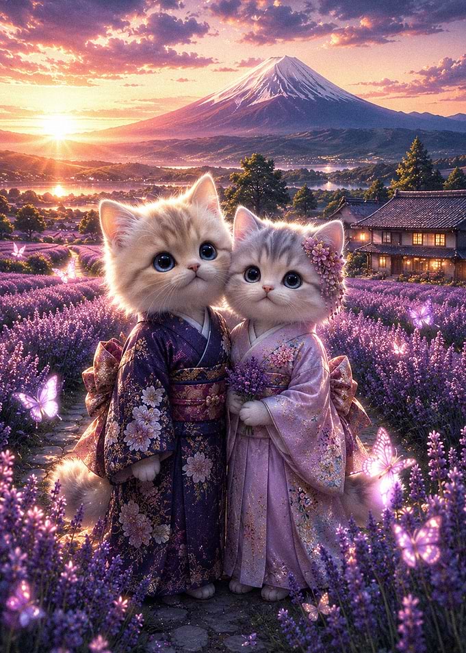 Kittens in Kimonos at Mount Fuji