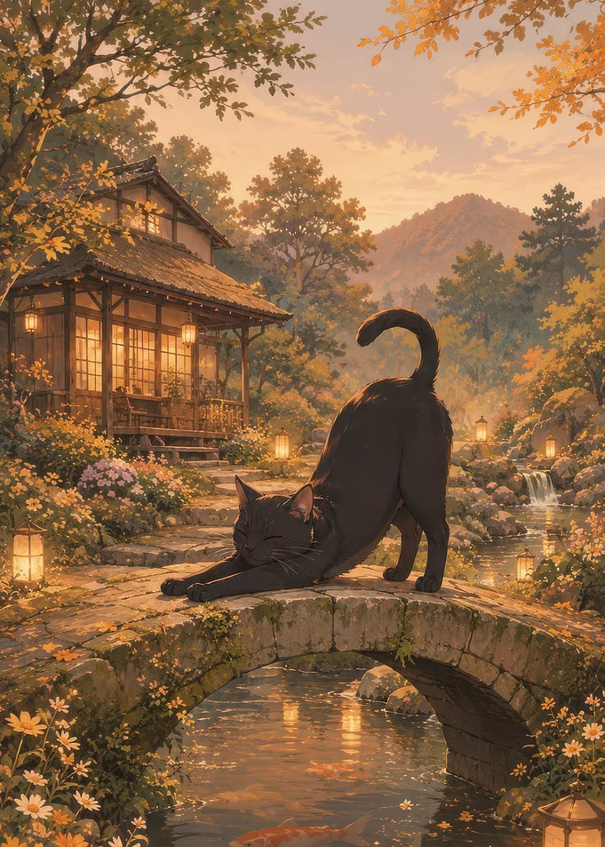 Black Cat Stretching on Stone Bridge