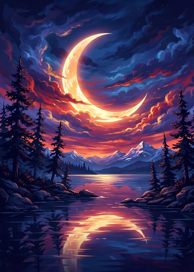 night sky with Crescent Moon Over snowy Mountains, calm Lake and rocks