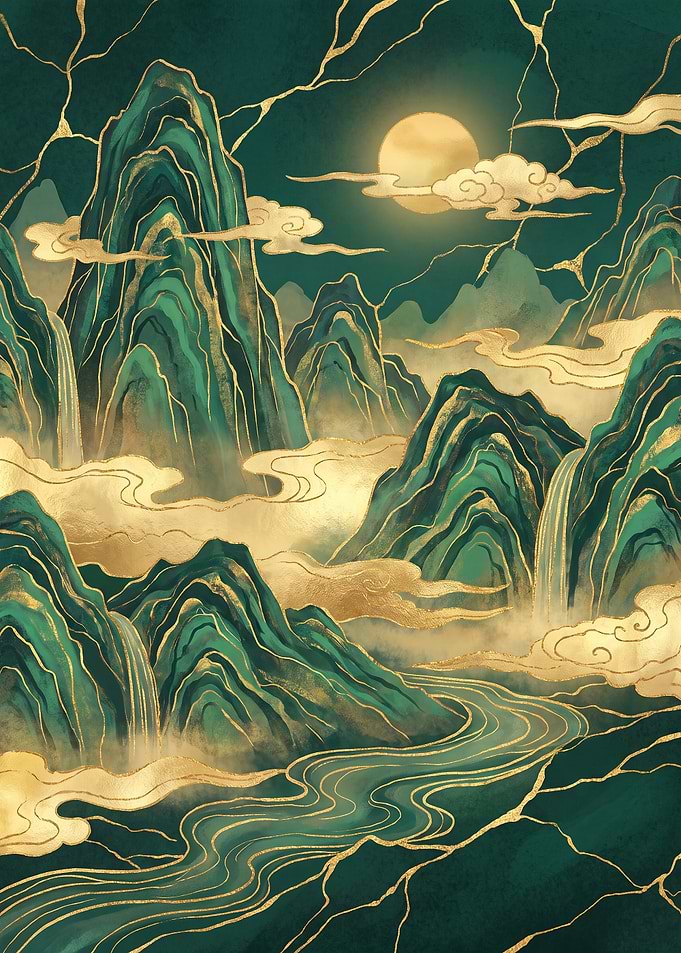 Emerald and Gold Mountain Landscape