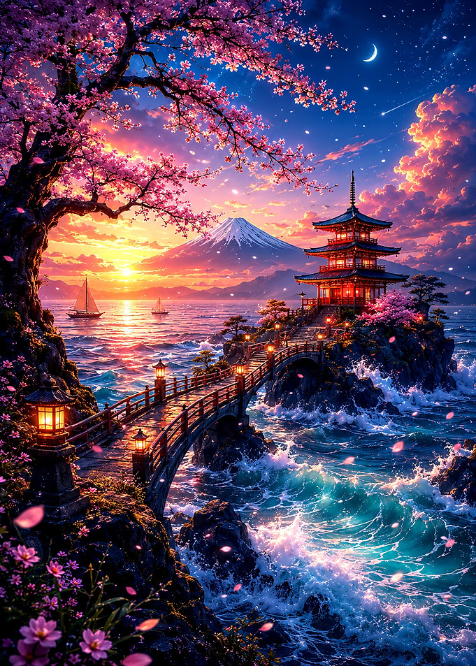 Pagoda Temple at Sunset by Sea