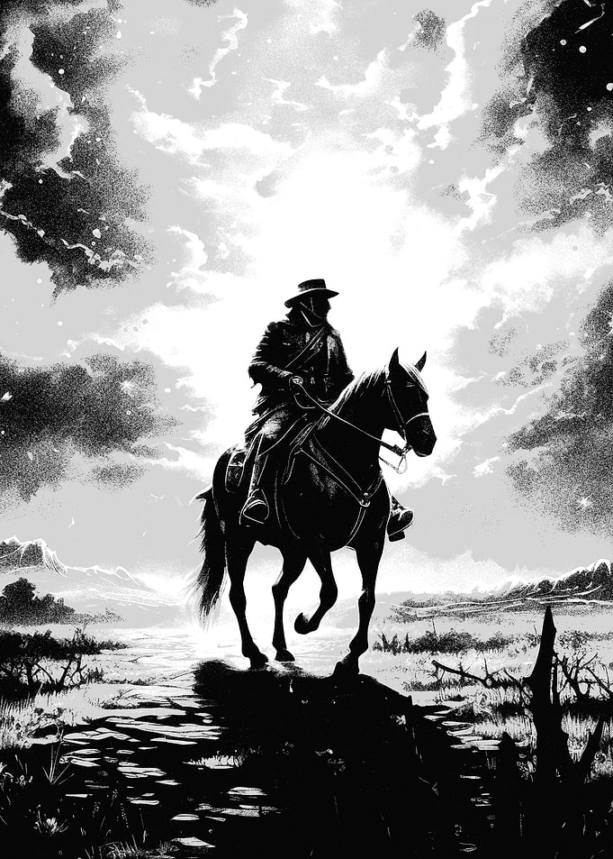 Lone Cowboy Riding Through Wilderness