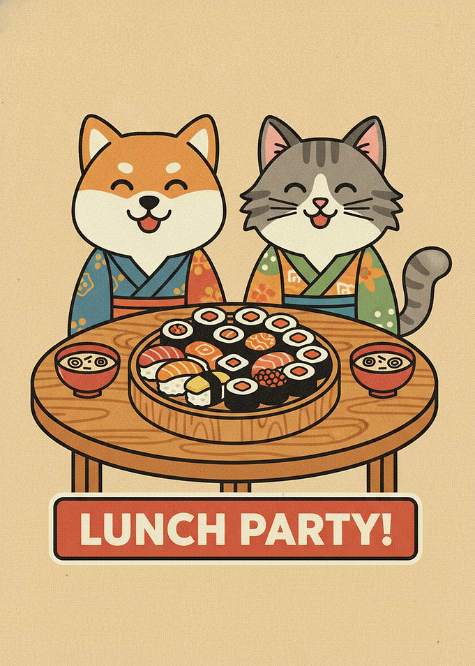 Shiba Inu and Cat Sushi Lunch