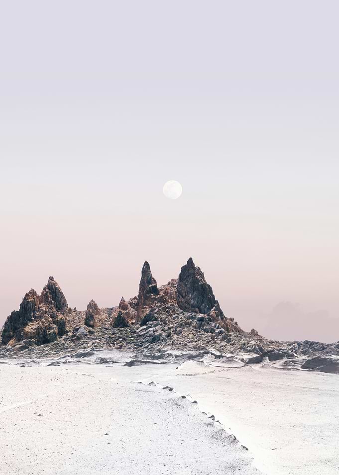 Minimalist Moon Over Rocky Landscape
