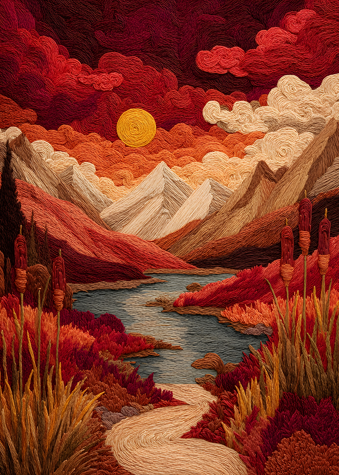 Embroidered Mountain Landscape at Sunset