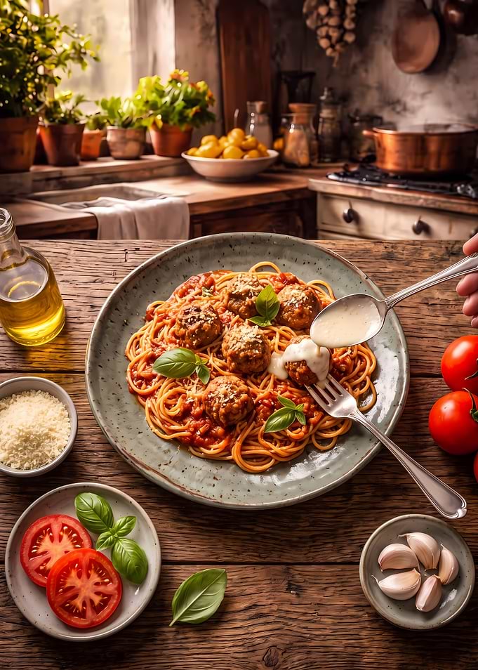 Spaghetti and Meatballs Kitchen Scene