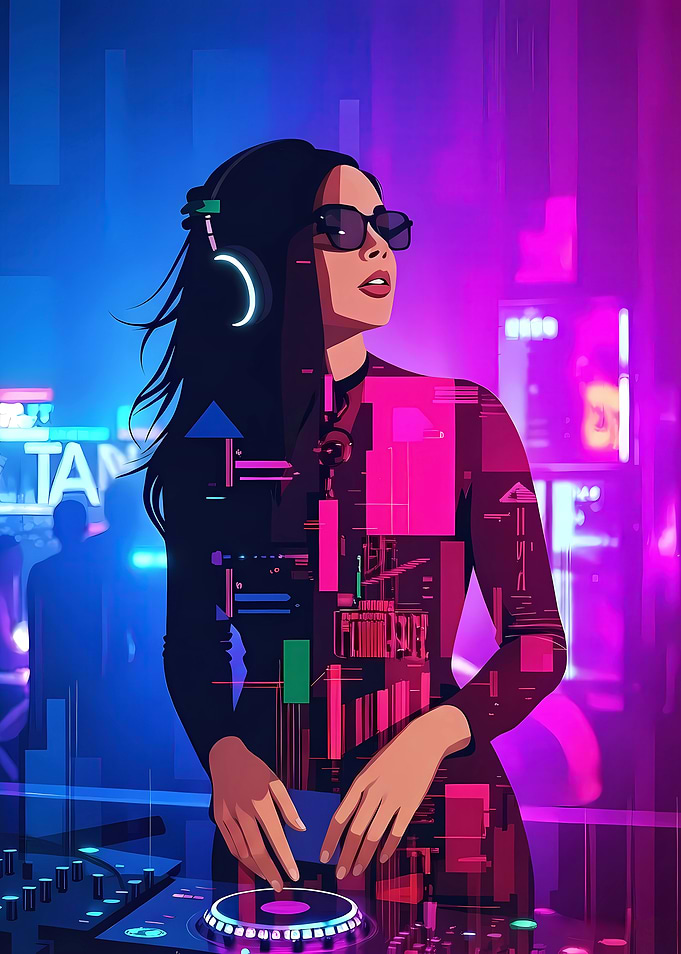 Cyberpunk DJ in Neon Nightclub
