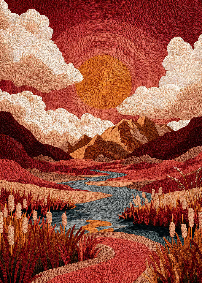 Embroidered Red Landscape with River