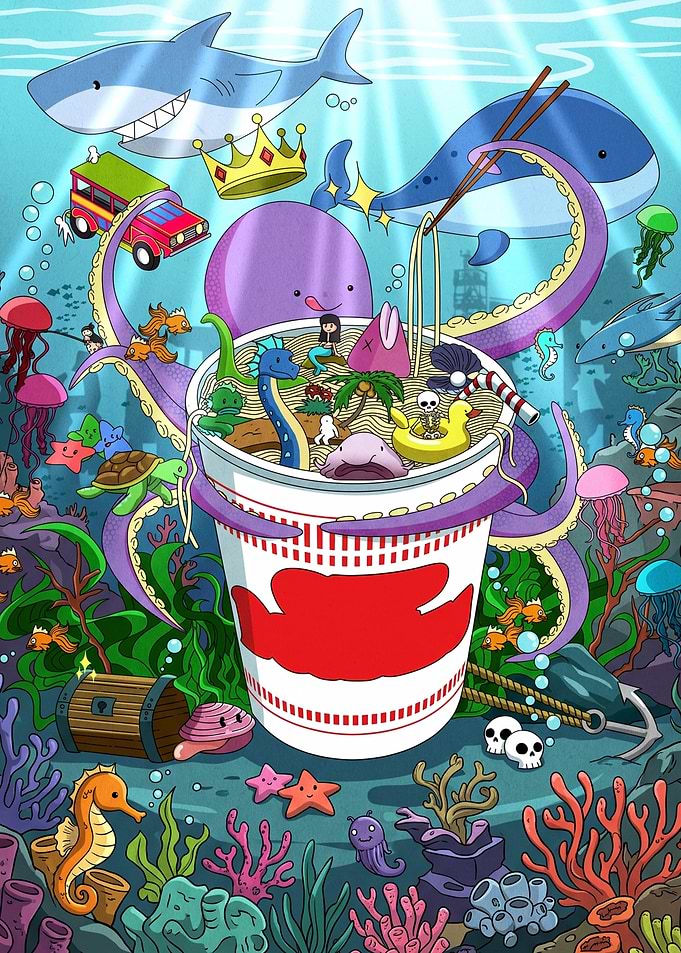 Whimsical Underwater Ramen Cup Illustration