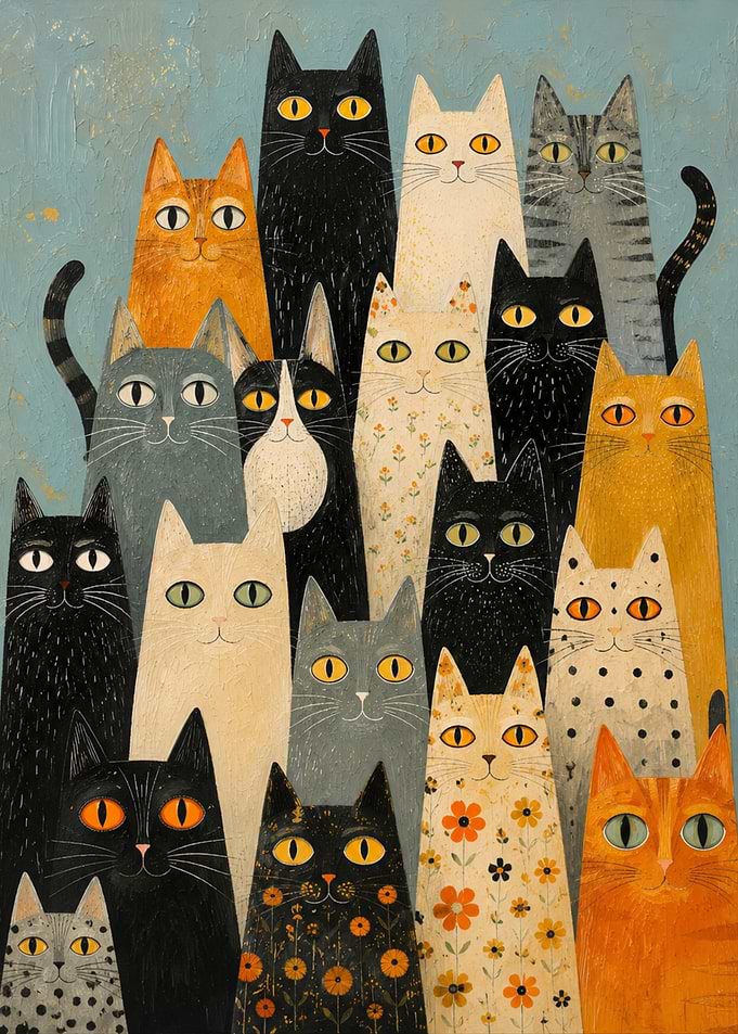 Whimsical Crowd of Colorful Cats