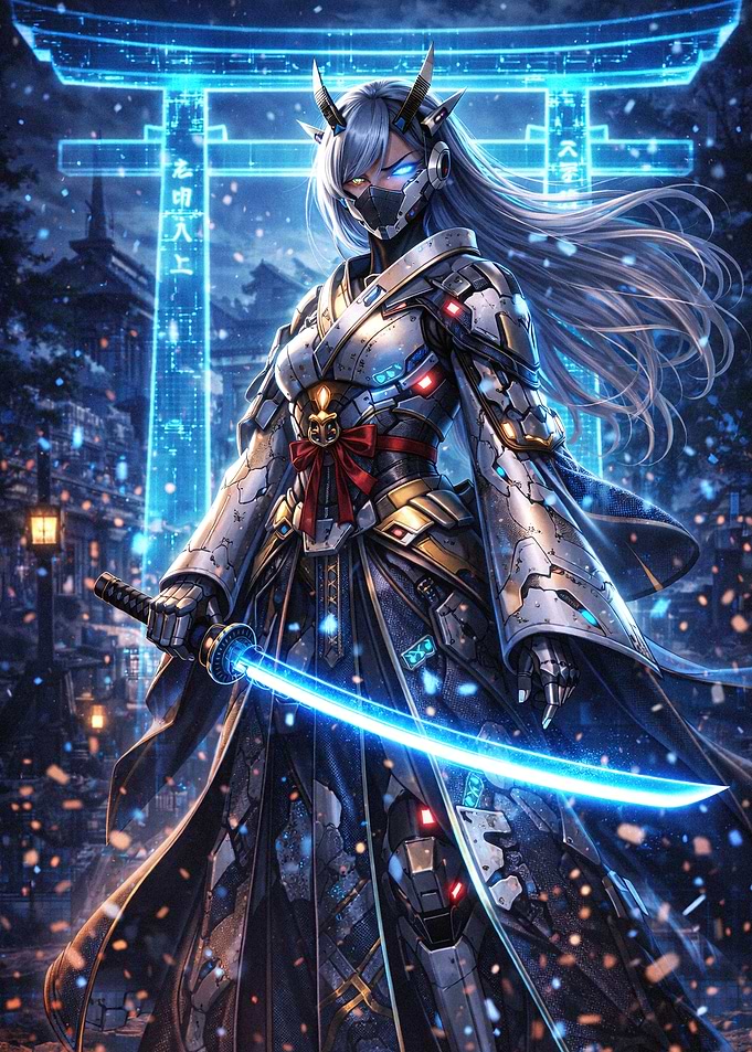 Cybernetic Samurai Warrior with Glowing Katana