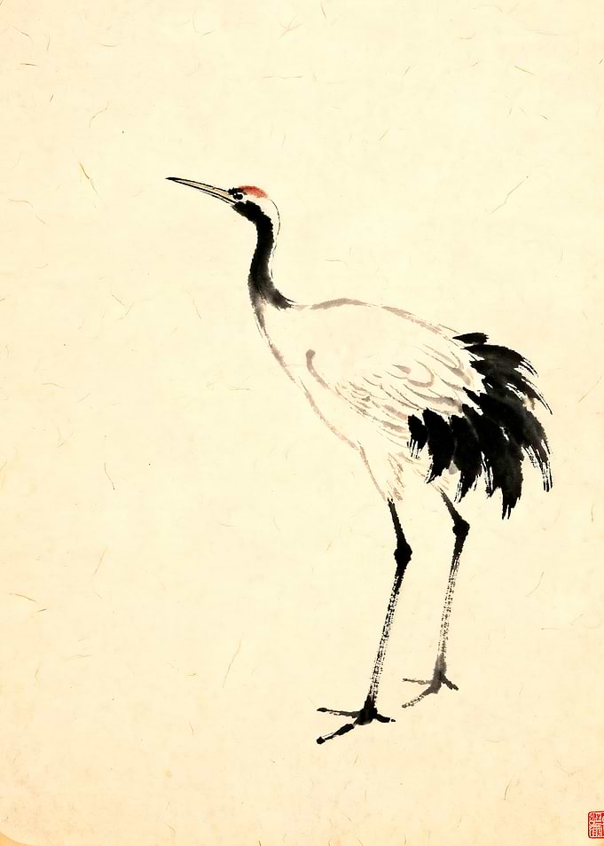 Traditional Ink Wash Red-Crowned Crane