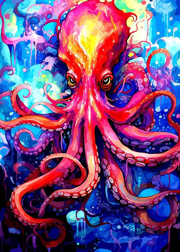 Vibrant Abstract Red Octopus Art