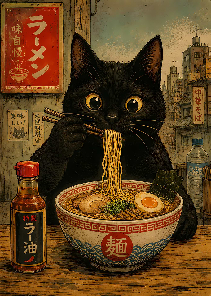 Black Cat Eating Ramen