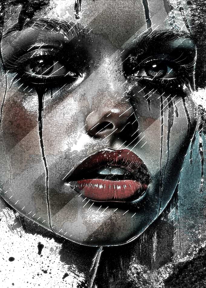 Emotional Gothic Portrait Of Woman With Red Lips And Black Tears Dramatic Grunge Art
