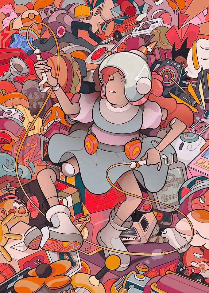 Futuristic Girl in Chaotic Toy Collage