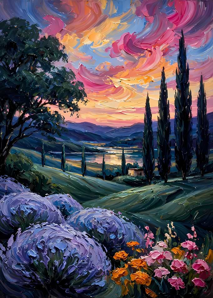 Impressionist Tuscan Sunset Landscape