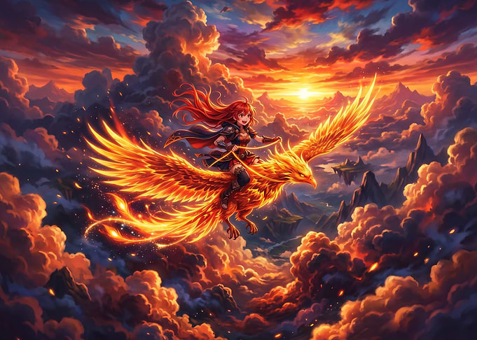 Girl Riding a Fiery Phoenix