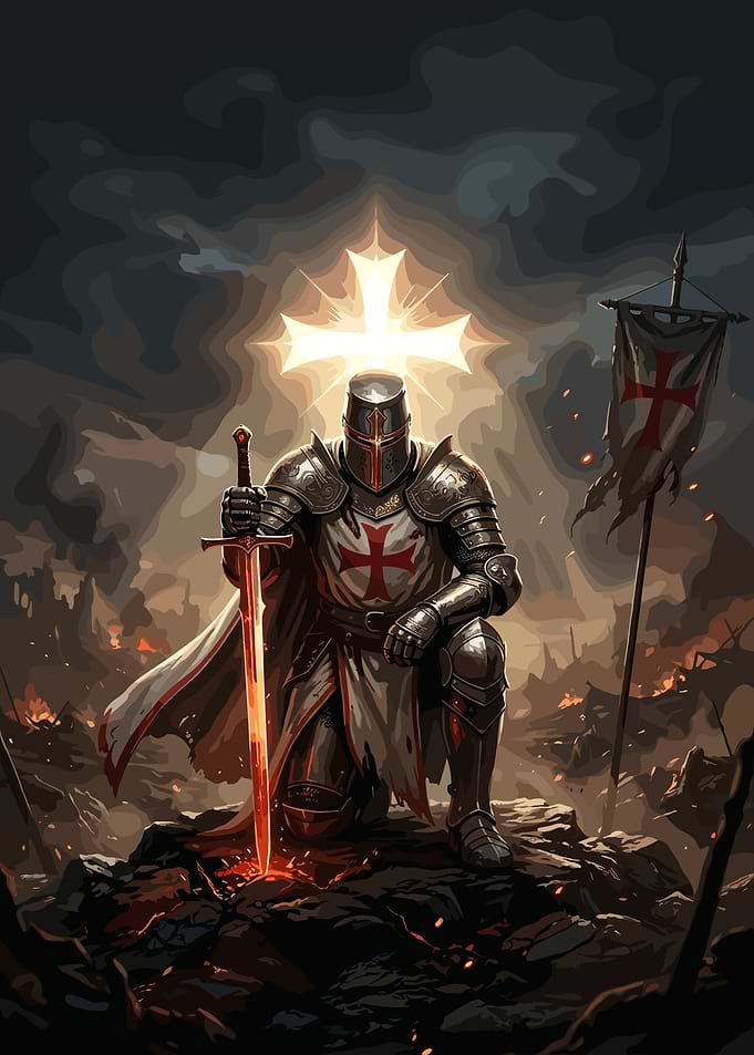 Kneeling Crusader Knight with Glowing Sword