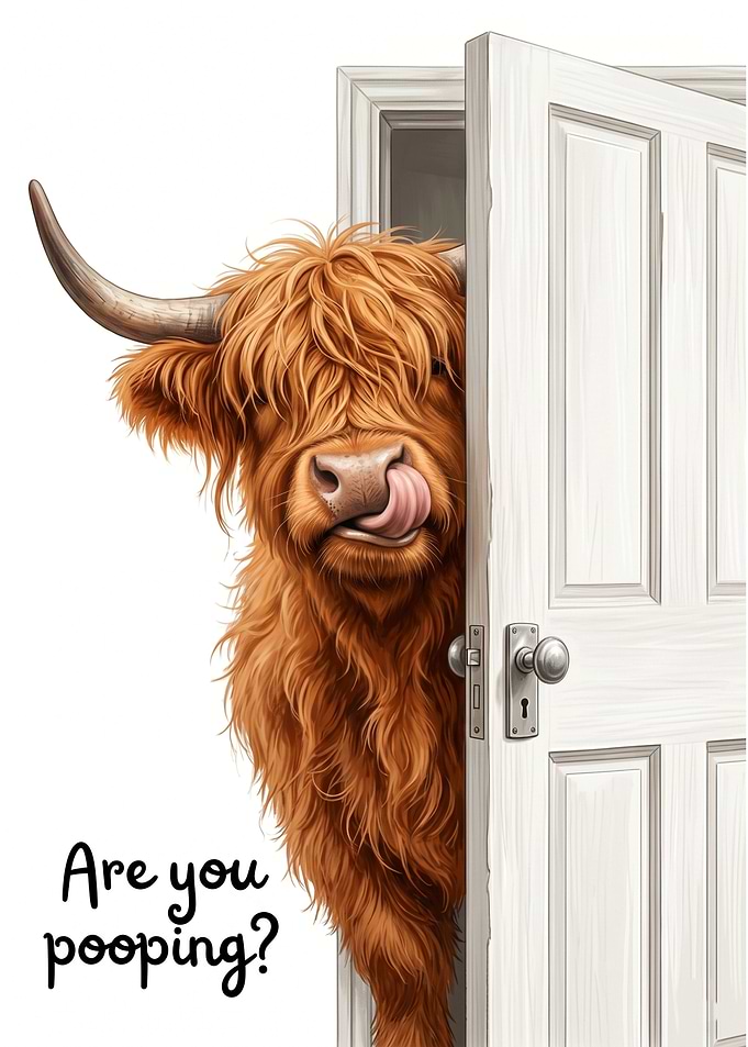 Funny Highland Cow Bathroom Door Art