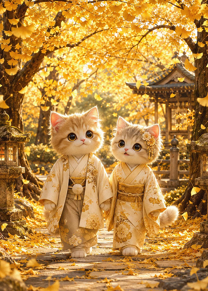 Two Kittens in Traditional Japanese Kimonos