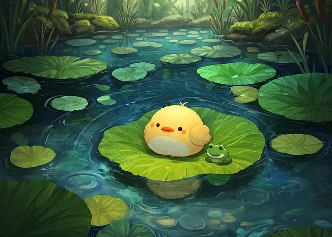 Cute Chick and Frog on Lilypad