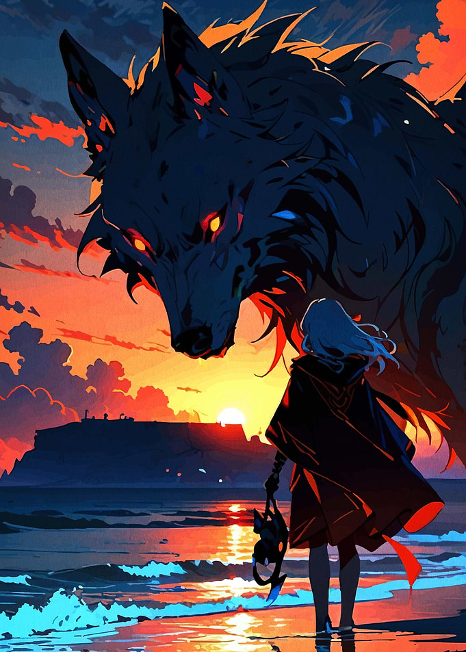 Girl and Giant Wolf at Sunset