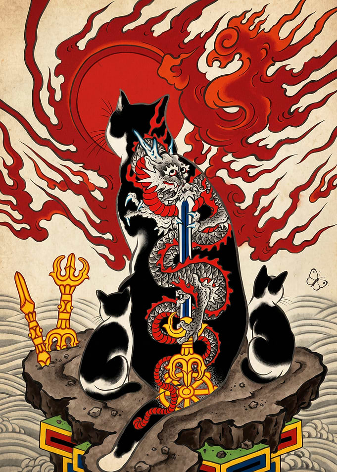 Tattoo Style Cat with Dragon Art