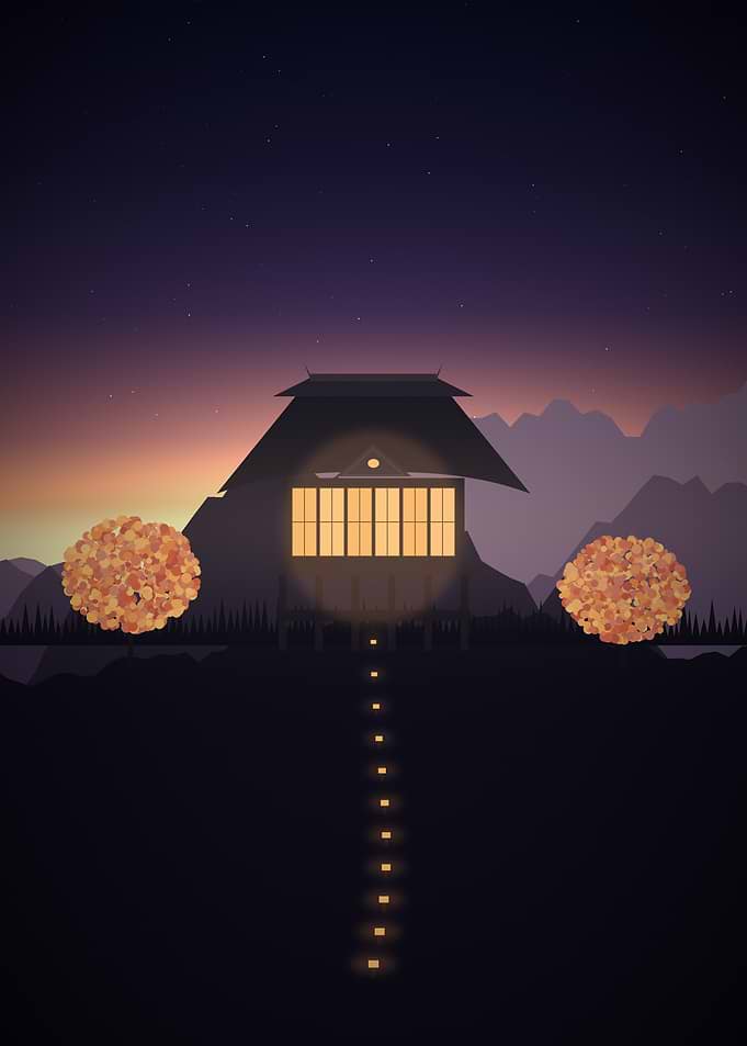 Hillside Temple - Illuminated Japanese Mountain Shrine at Dusk