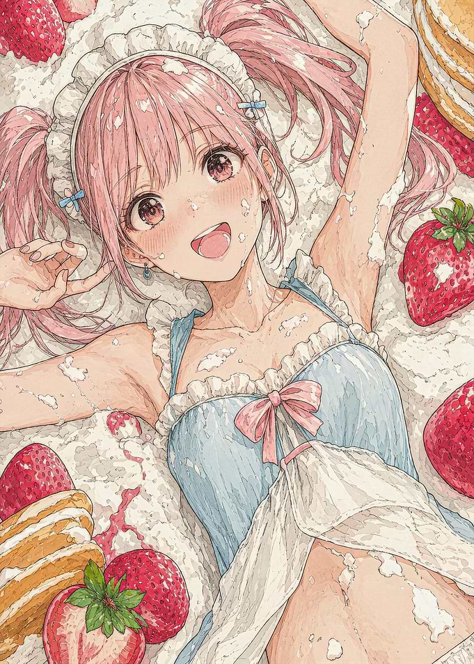 Anime Girl Surrounded by Strawberries