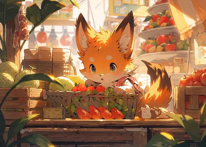 Cute Fox Character at Fruit Market
