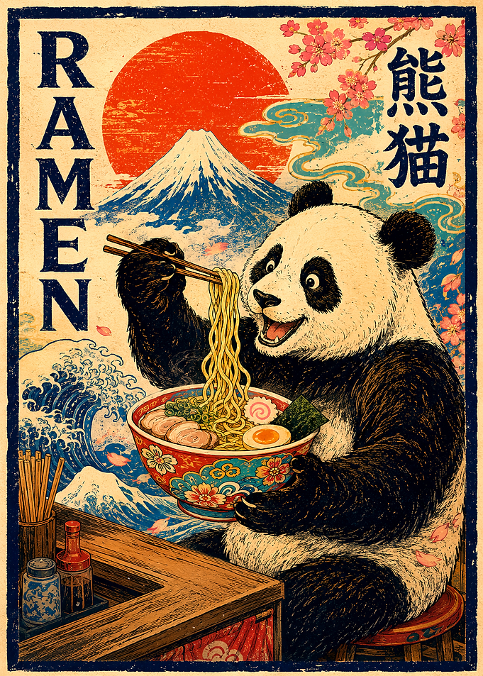 Panda Eating Ramen Vintage Poster