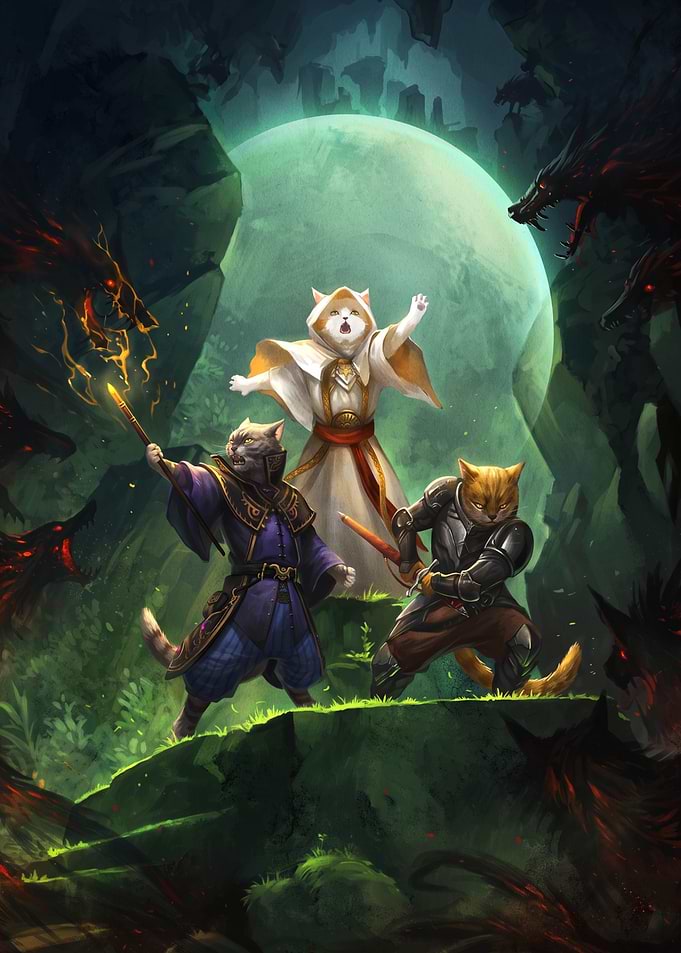 Fantasy Cat Adventurers Fighting Monsters