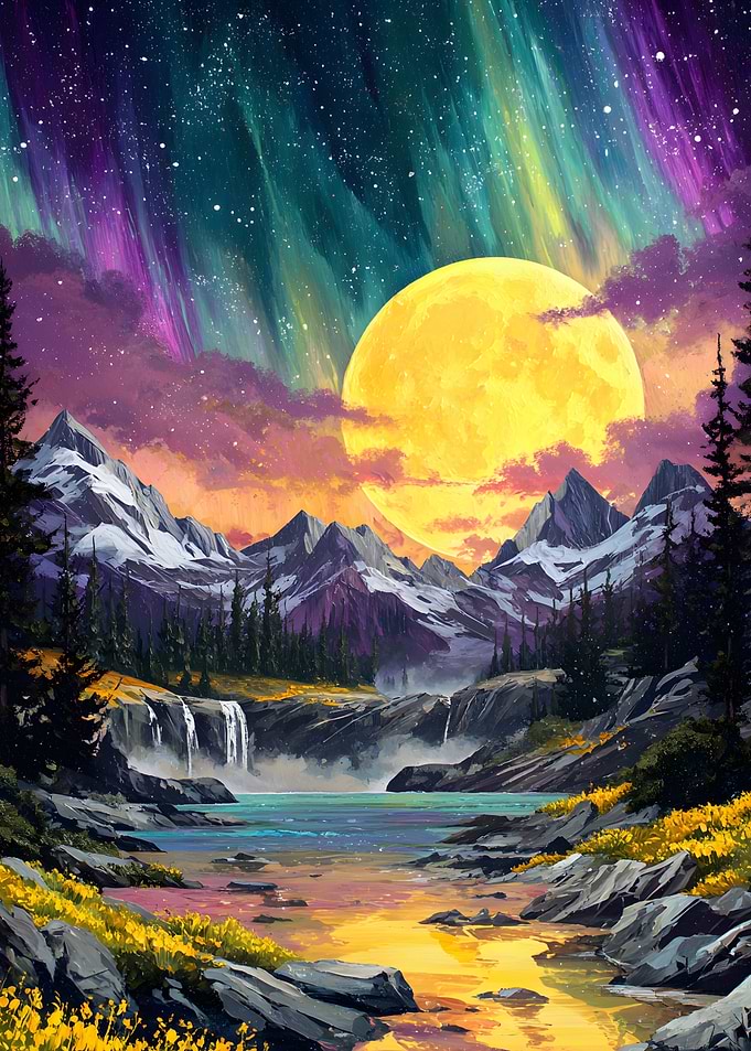 Moonlit Mountain Landscape with Aurora