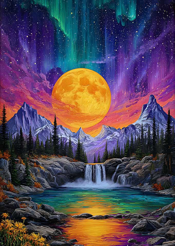 Vibrant Mountain Waterfall Under Aurora Moon