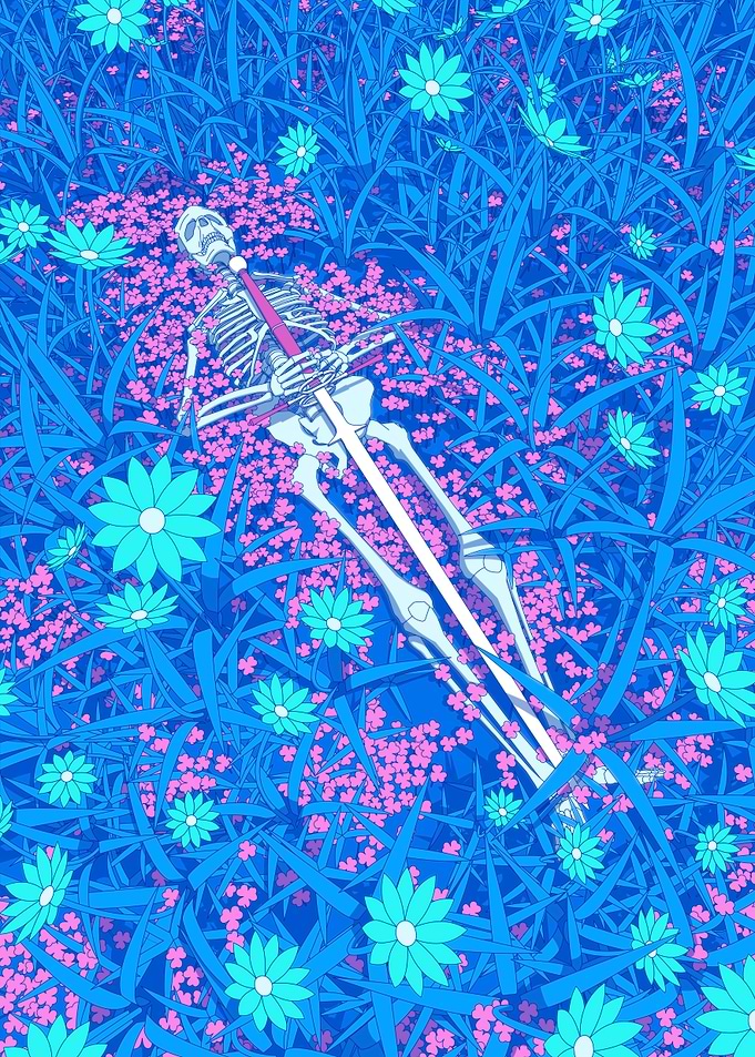 Skeleton Resting in Blue Flower Field