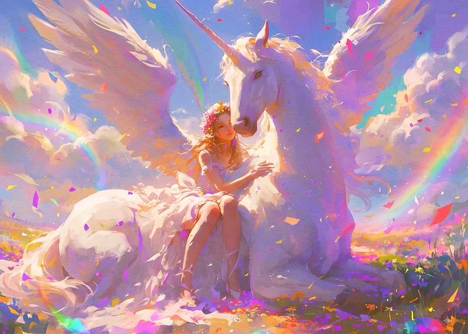 Girl Embracing a Magical Winged Unicorn
