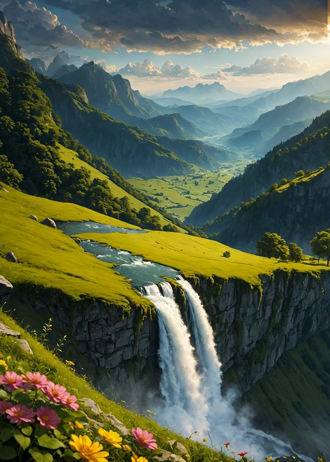 Majestic Waterfall in Alpine Valley Mountain