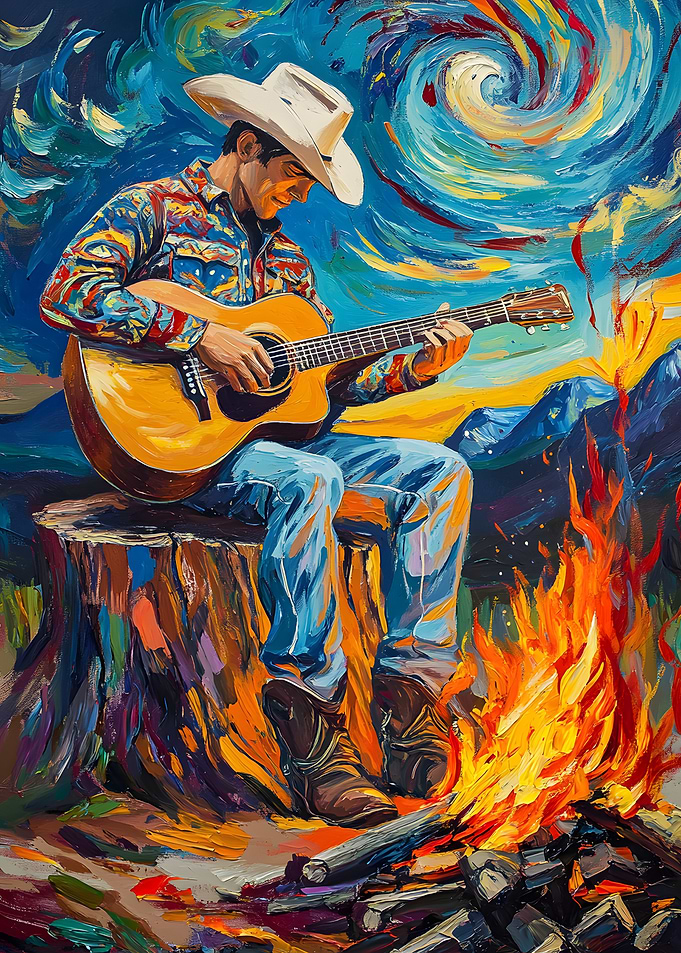 Cowboy Playing Guitar by Campfire
