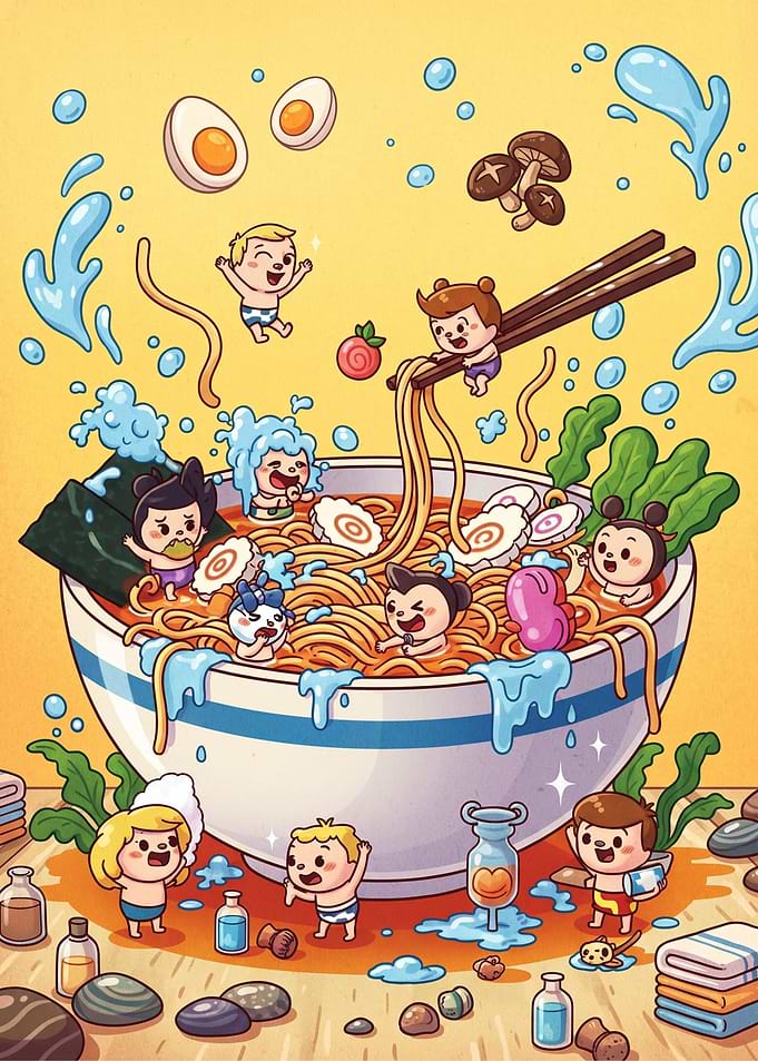 Cute Chibi Characters Bathing in Ramen
