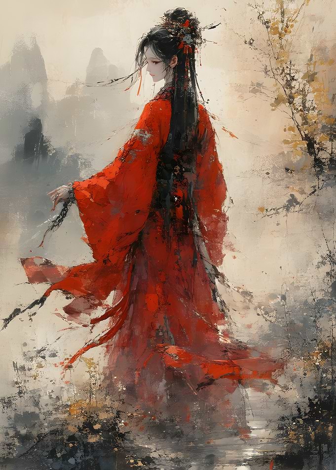 Elegant Woman in Traditional Red Robe