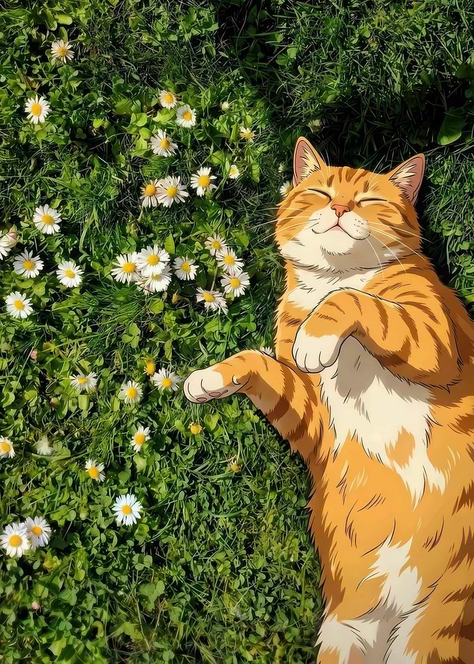Happy Ginger Cat in Daisies
